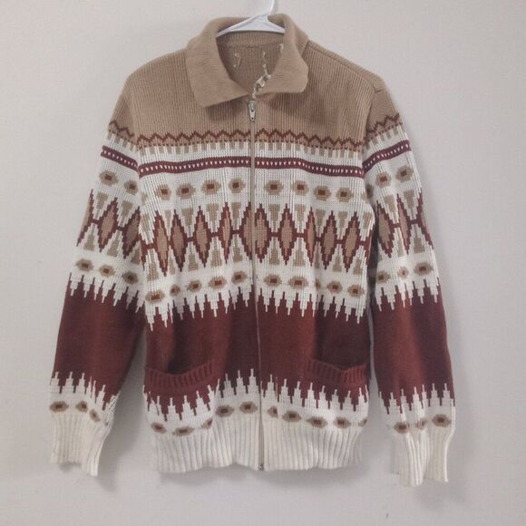 Vintage Fair Isle Sweater Made in Romania Boho Knit Zip Cardigan Size Medium - Picture 1 of 7